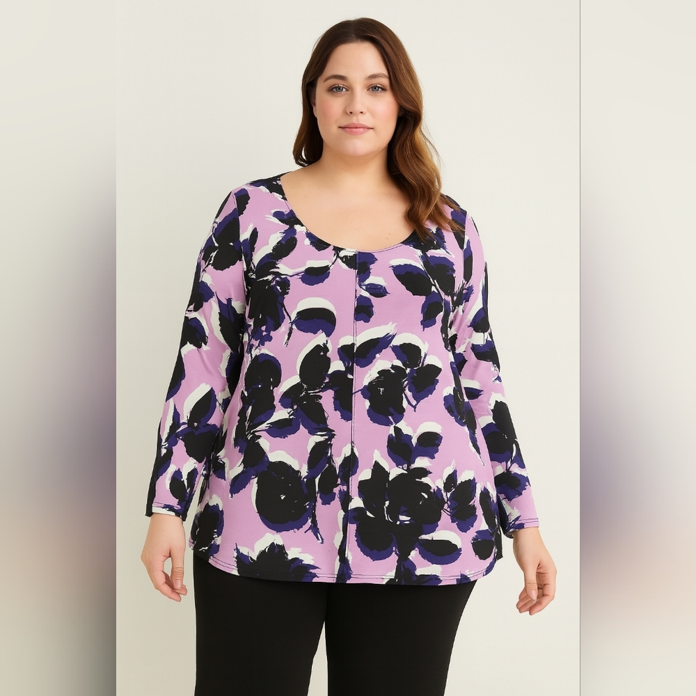 Worthington Plus Size Black and Purple Floral Blouse